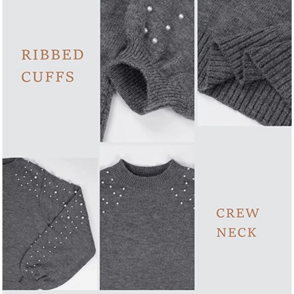 Gray Knit Pearl Embellished Lantern Sleeve Long Sleeve Bodycon Mini Dress - Picture 6 of 8